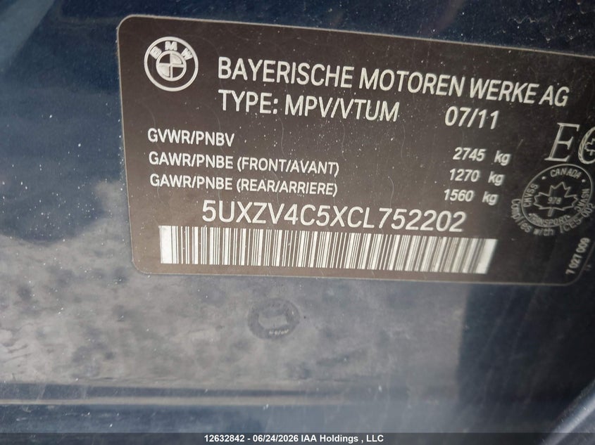 2012 BMW X5 xDrive35I VIN: 5UXZV4C5XCL752202 Lot: 12632842