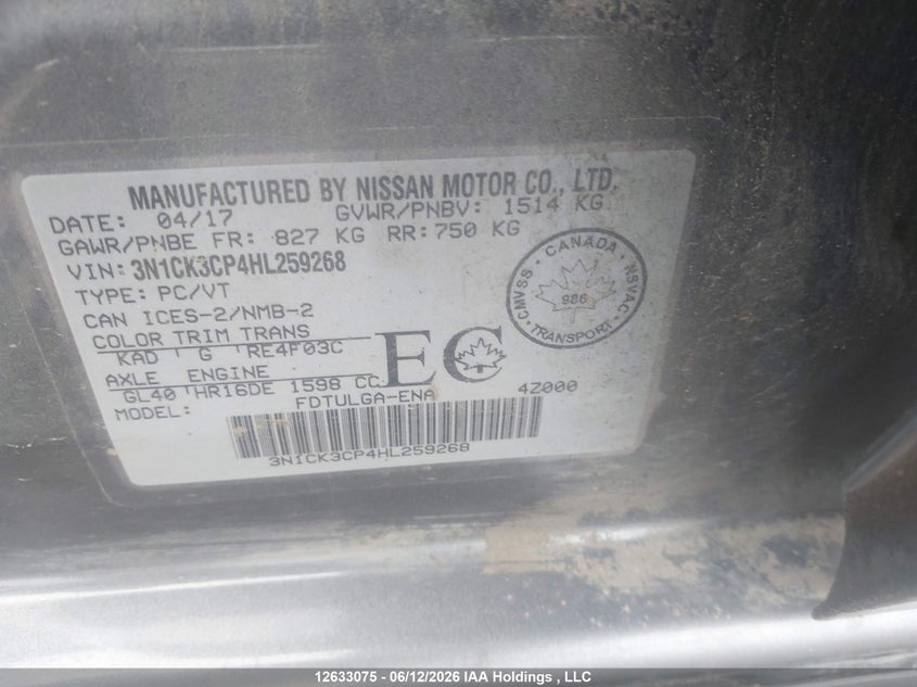 2017 Nissan Micra S/Sr/Sv VIN: 3N1CK3CP4HL259268 Lot: 12633075