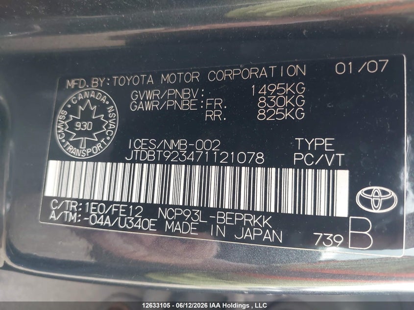 2007 Toyota Yaris VIN: JTDBT923471121078 Lot: 12633105