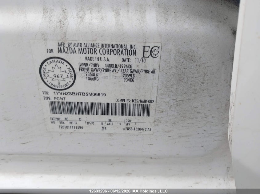 2011 Mazda 6 I VIN: 1YVHZ8BH7B5M06819 Lot: 12633296