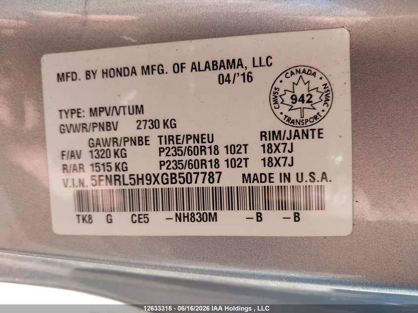 2016 Honda Odyssey VIN: 5FNRL5H9XGB507787 Lot: 12633318