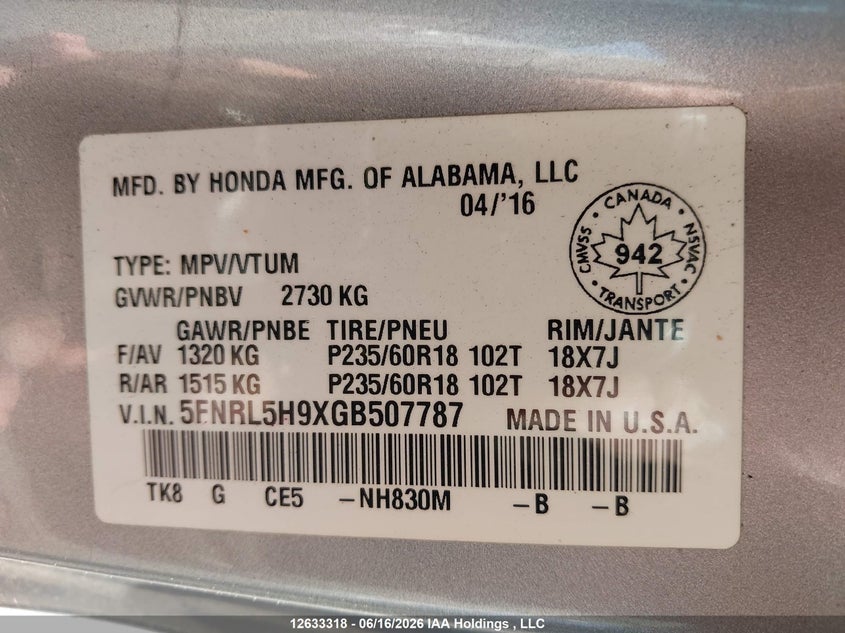 2016 Honda Odyssey VIN: 5FNRL5H9XGB507787 Lot: 12633318