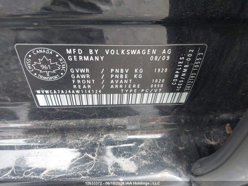 2010 Volkswagen Golf VIN: WVWCA7AJ4AW114124 Lot: 12633372