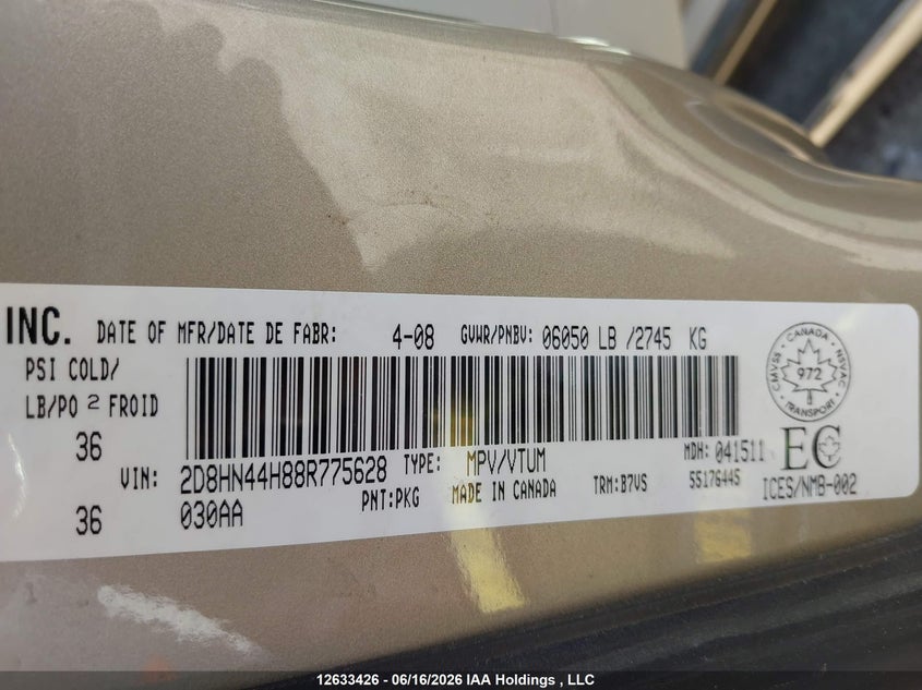 2008 DODGE CARAVAN VAN 3.3L V-6 175HP