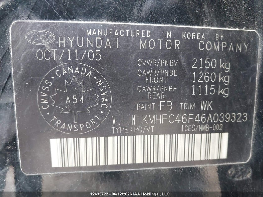 2006 Hyundai Azera Se/Limited VIN: KMHFC46F46A039323 Lot: 12633722