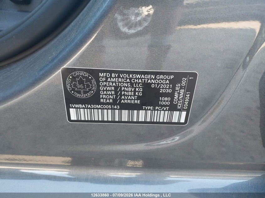 2021 Volkswagen Passat VIN: 1VWBA7A30MC005143 Lot: 12633860