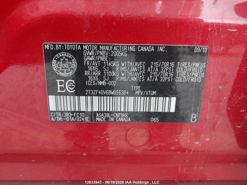 2011 Toyota Rav4 VIN: 2T3ZF4DV6BW056364 Lot: 12633943