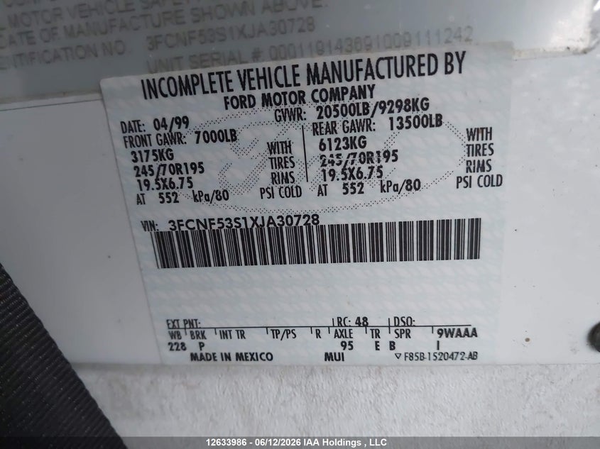 1999 Ford F550 Super Duty Stripped Chass VIN: 3FCNF53S1XJA30728 Lot: 12633986