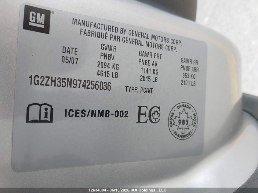 2007 Pontiac G6 Gt VIN: 1G2ZH35N974256036 Lot: 12634004