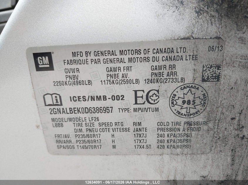 2013 Chevrolet Equinox Ls VIN: 2GNALBEK0D6386957 Lot: 12634091