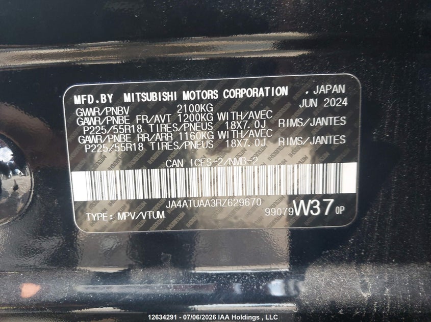 2024 Mitsubishi Eclipse Cross VIN: JA4ATUAA3RZ629670 Lot: 12634291