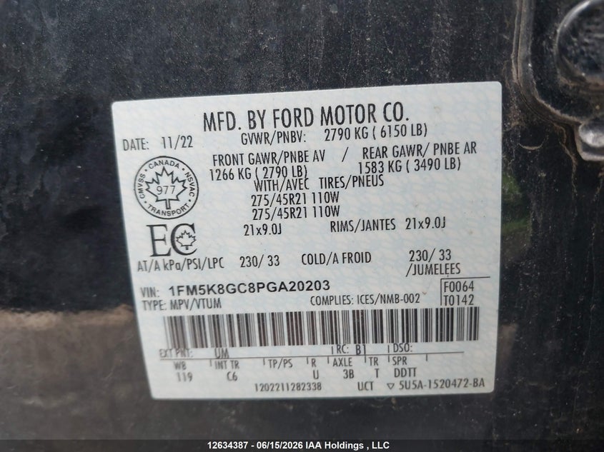 2023 Ford Explorer St VIN: 1FM5K8GC8PGA20203 Lot: 12634387