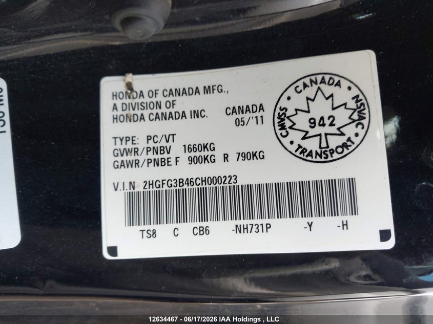 2012 HONDA CIVIC SEDAN 1.8L I-4 VVT, 140HP