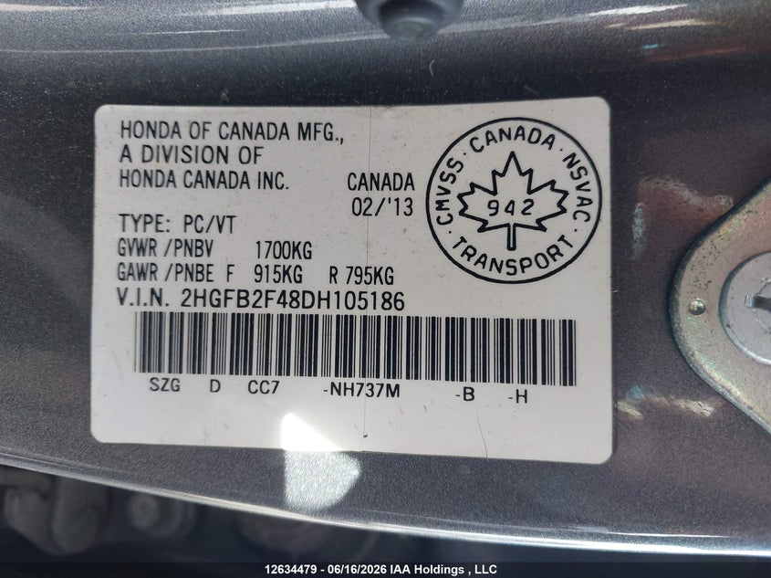 2013 HONDA CIVIC SEDAN 1.8L I4 FI SOHC 16V NF4