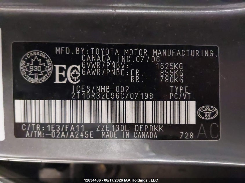2006 TOYOTA COROLLA SEDAN 1.8L I-4 DOHC, VVT, 126HP