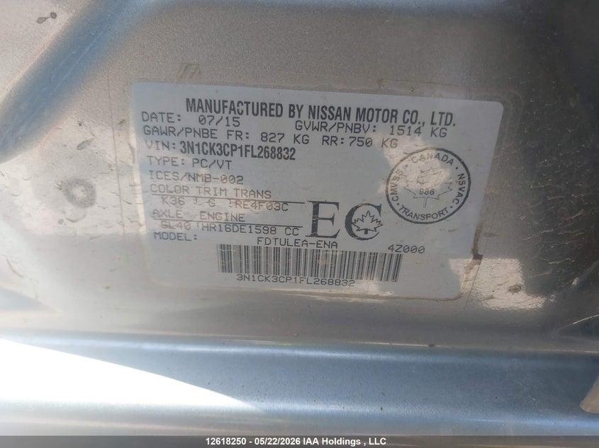 2015 Nissan Micra S/Sr/Sv VIN: 3N1CK3CP1FL268832 Lot: 12618250x