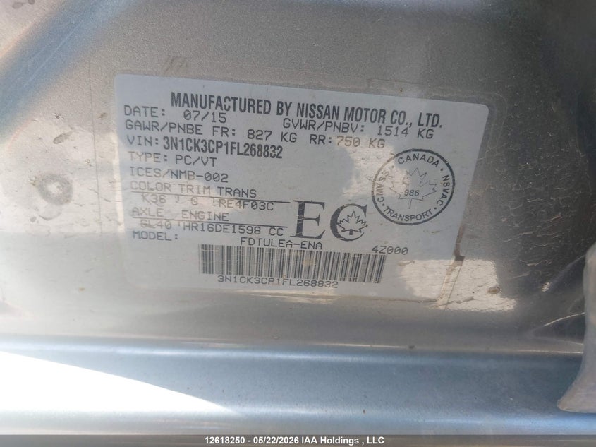 2015 Nissan Micra S/Sr/Sv VIN: 3N1CK3CP1FL268832 Lot: 12618250x