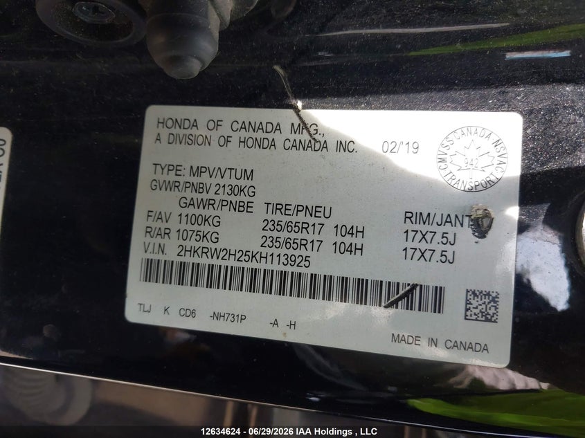 2019 Honda Cr-V Lx VIN: 2HKRW2H25KH113925 Lot: 12634624