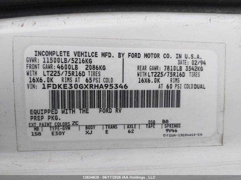 1994 Ford Econoline E350 Cutaway Van VIN: 1FDKE30GXRHA95346 Lot: 12634638