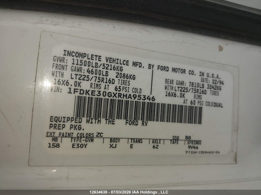 1994 Ford Econoline E350 Cutaway Van VIN: 1FDKE30GXRHA95346 Lot: 12634638