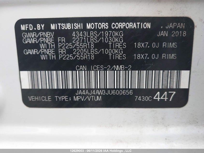 2018 Mitsubishi Rvr Gt/Se Anniversary Edition/Se Limited Edition VIN: JA4AJ4AW3JU600656 Lot: 12629003X