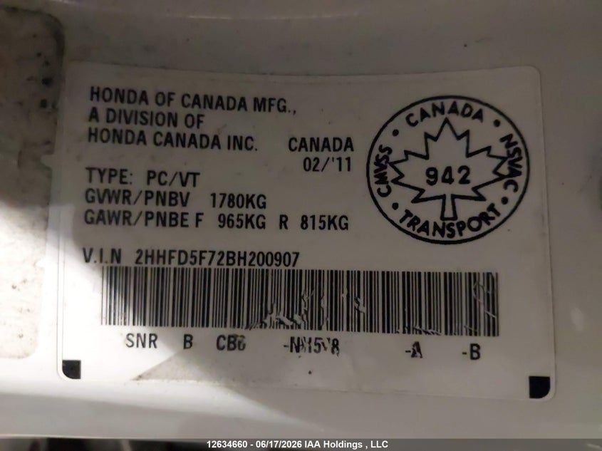 2011 ACURA CSX SEDAN 2.0L I4 FI DOHC 16V NF4