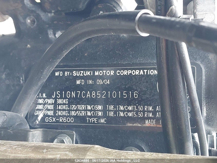 2005 Suzuki Gsx-R600 K VIN: JS1GN7CA852101516 Lot: 12634695