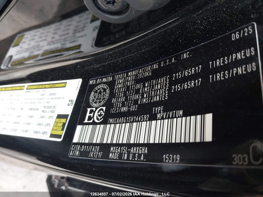 2025 Toyota Corolla Cross VIN: 7MUCAABG1SV144592 Lot: 12634807