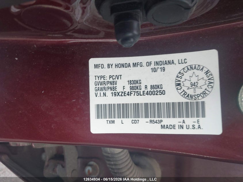 2020 Honda Insight Touring VIN: 19XZE4F75LE400250 Lot: 12634934