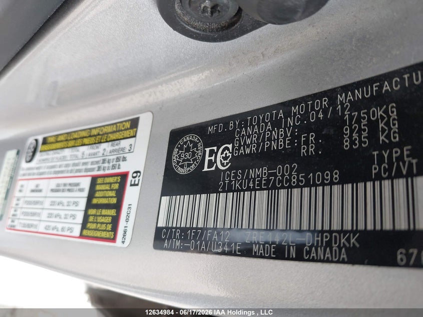 2012 Toyota Corolla Matrix VIN: 2T1KU4EE7CC851098 Lot: 12634984