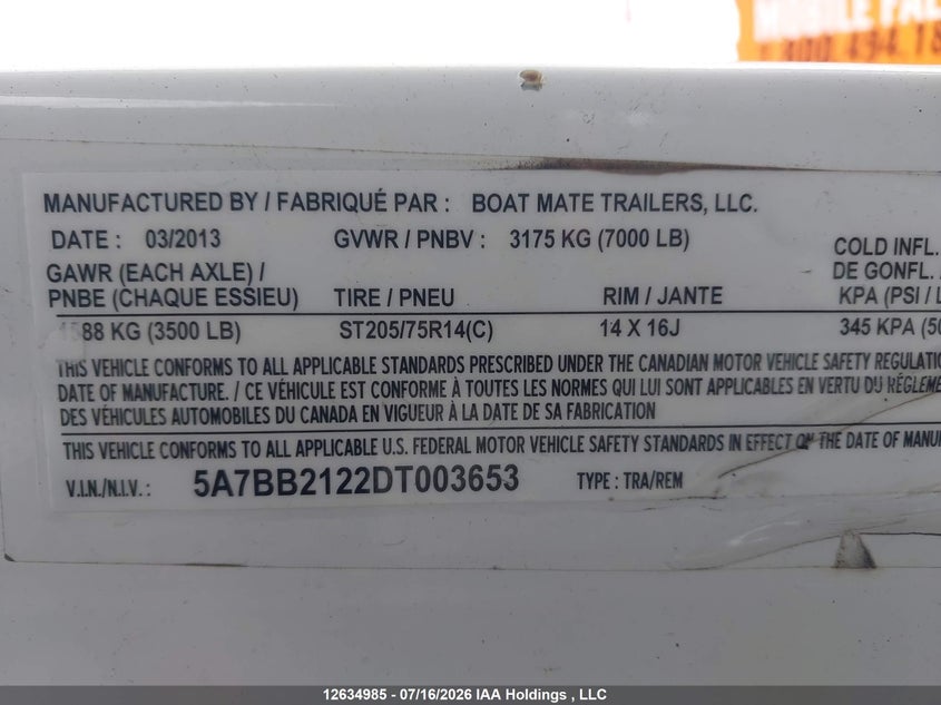 2013 OTHER TIGE BOAT BOAT TRAILER N/A