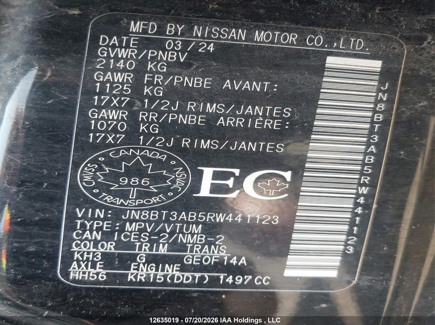 2024 Nissan Rogue S VIN: JN8BT3AB5RW441123 Lot: 12635019
