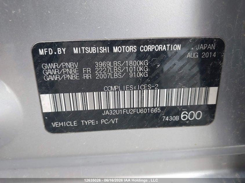 2015 Mitsubishi Lancer De VIN: JA32U1FU2FU601665 Lot: 12635026