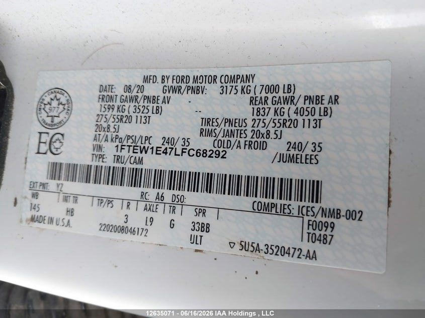 2020 Ford F150 Supercrew VIN: 1FTEW1E47LFC68292 Lot: 12635071