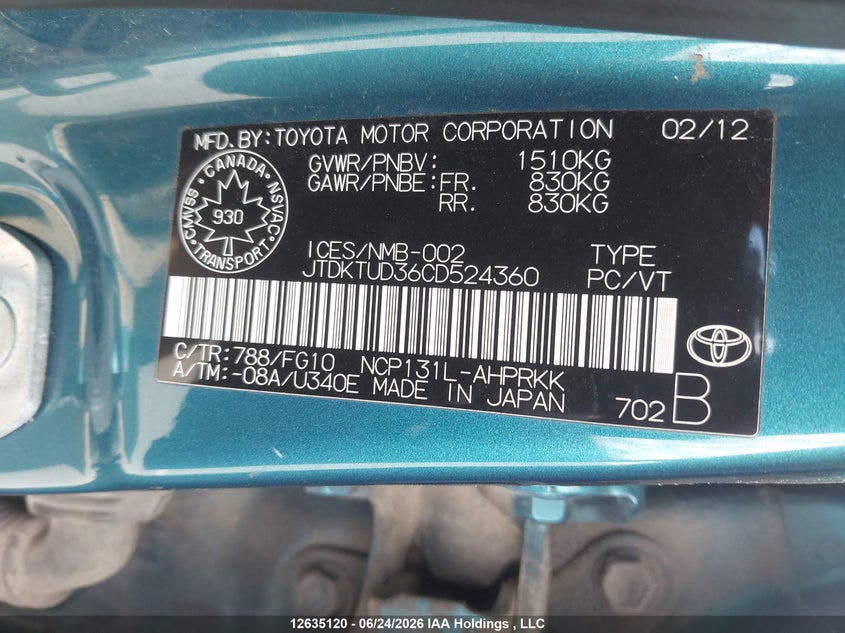 2012 Toyota Yaris Le VIN: JTDKTUD36CD524360 Lot: 12635120