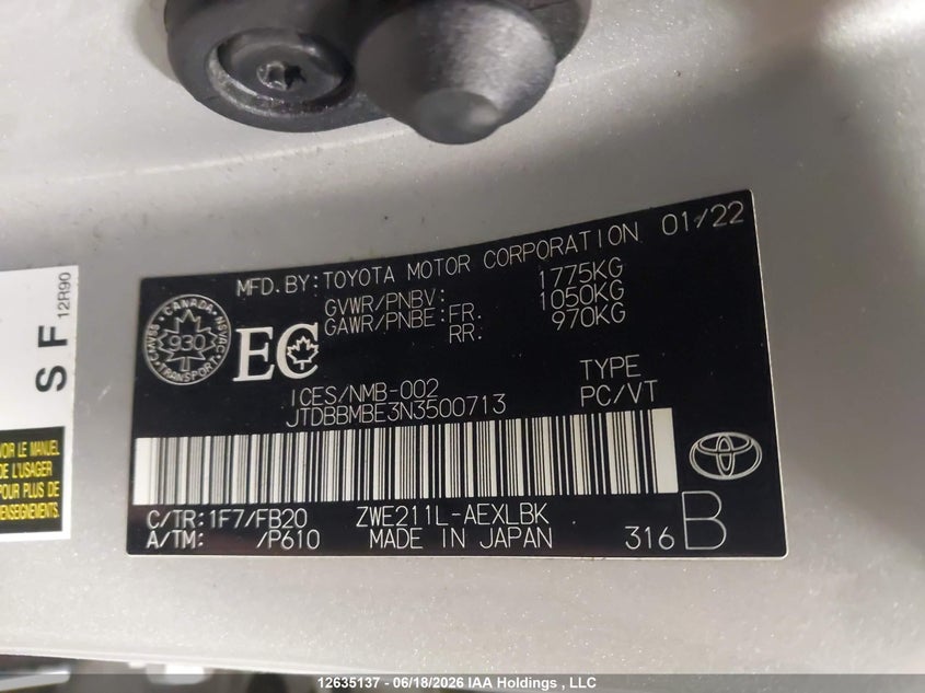 2022 TOYOTA COROLLA SEDAN 1.8L I-4 DOHC, VVT, 95HP
