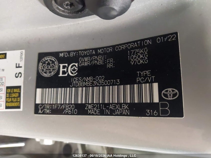 2022 TOYOTA COROLLA SEDAN 1.8L I-4 DOHC, VVT, 95HP