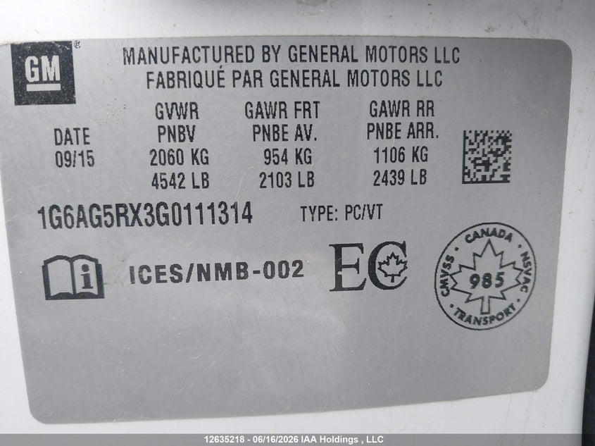 2016 Cadillac Ats Turbo VIN: 1G6AG5RX3G0111314 Lot: 12635218