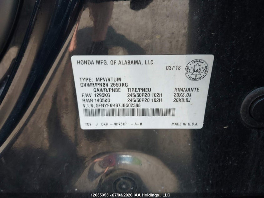2018 HONDA PILOT SPORT UTILITY VEHICLE 3.5L V-6 DI, VVT, 280HP