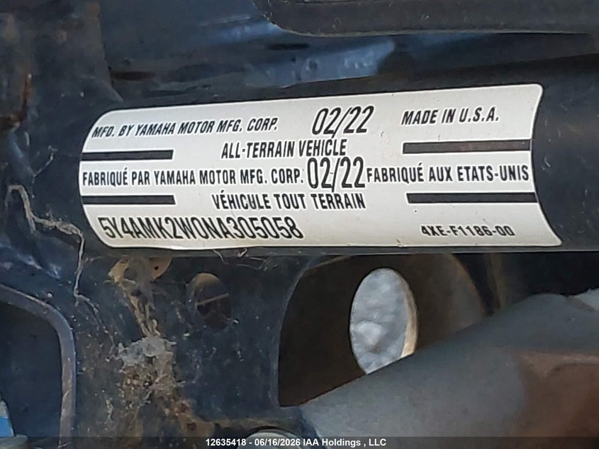 2022 Yamaha Yfm700 G VIN: 5Y4AMK2W0NA305058 Lot: 12635418