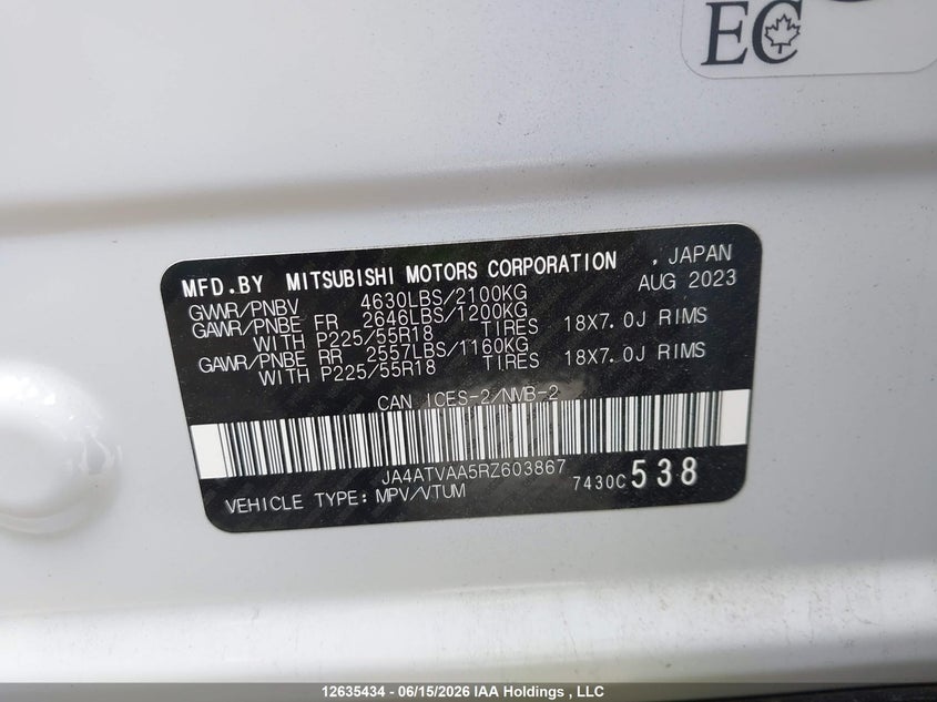 2024 Mitsubishi Eclipse Cross Gt/Noir/Se/Sel VIN: JA4ATVAA5RZ603867 Lot: 12635434