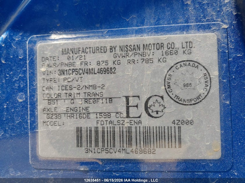 2021 Nissan Kicks Sv VIN: 3N1CP5CV4ML469682 Lot: 12635451