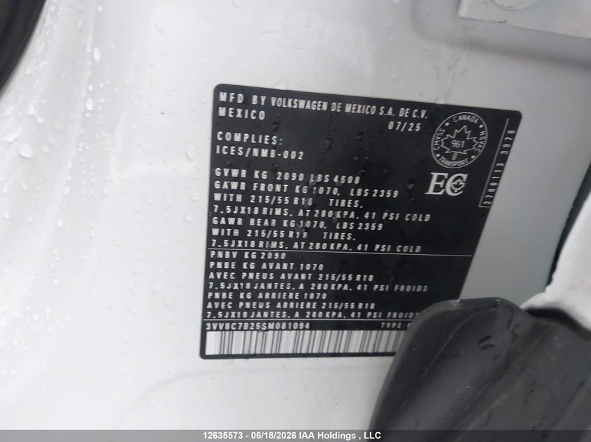 2025 Volkswagen Taos VIN: 3VV8C7B25SM081094 Lot: 12635573