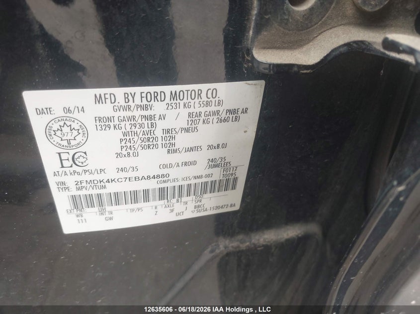 2014 Ford Edge Limited VIN: 2FMDK4KC7EBA84880 Lot: 12635606