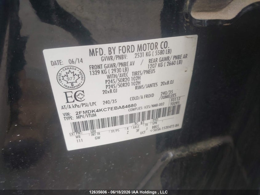 2014 Ford Edge Limited VIN: 2FMDK4KC7EBA84880 Lot: 12635606