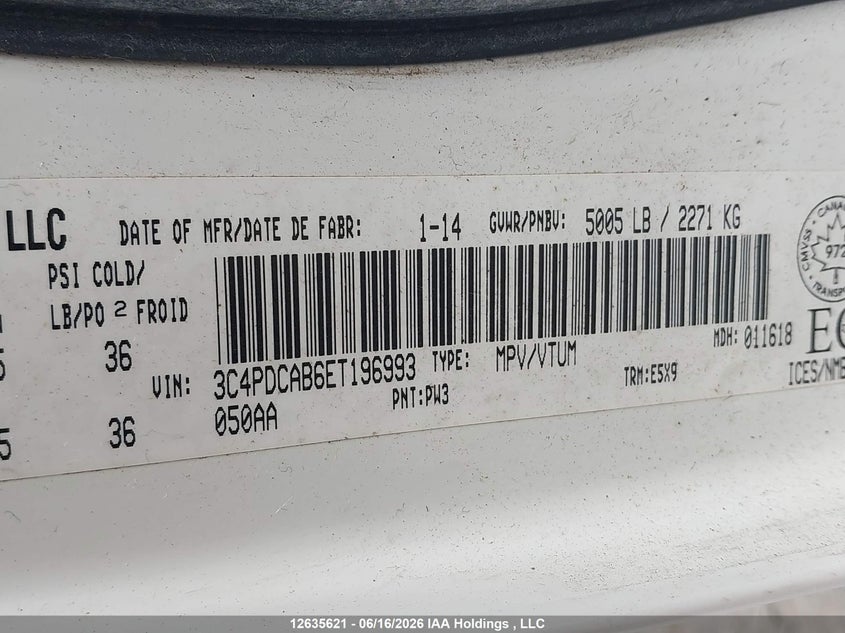 2014 Dodge Journey Se VIN: 3C4PDCAB6ET196993 Lot: 12635621