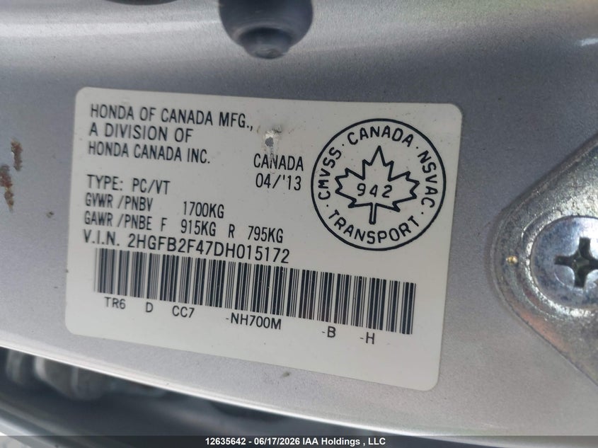 2013 HONDA CIVIC SEDAN 1.8L I-4 VVT, 140HP