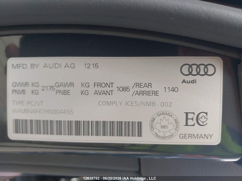 2017 Audi A4 Progressiv VIN: WAUBNAF47HN004455 Lot: 12635782