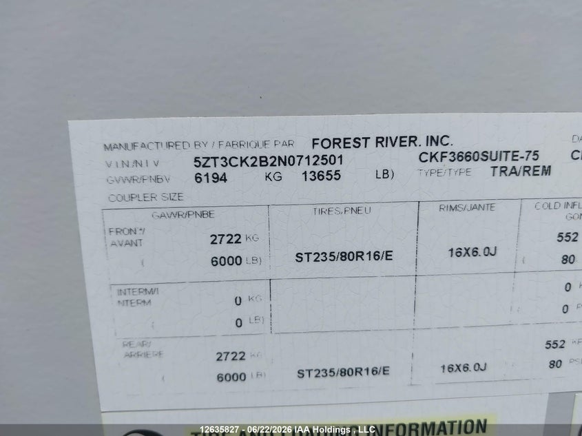 2022 OTHER FOREST RIVER ARCTIC WOLF TRAILER N/A