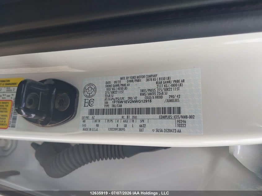 2022 Ford F-150 Lightning VIN: 1FT6W1EV2NWG12918 Lot: 12635919
